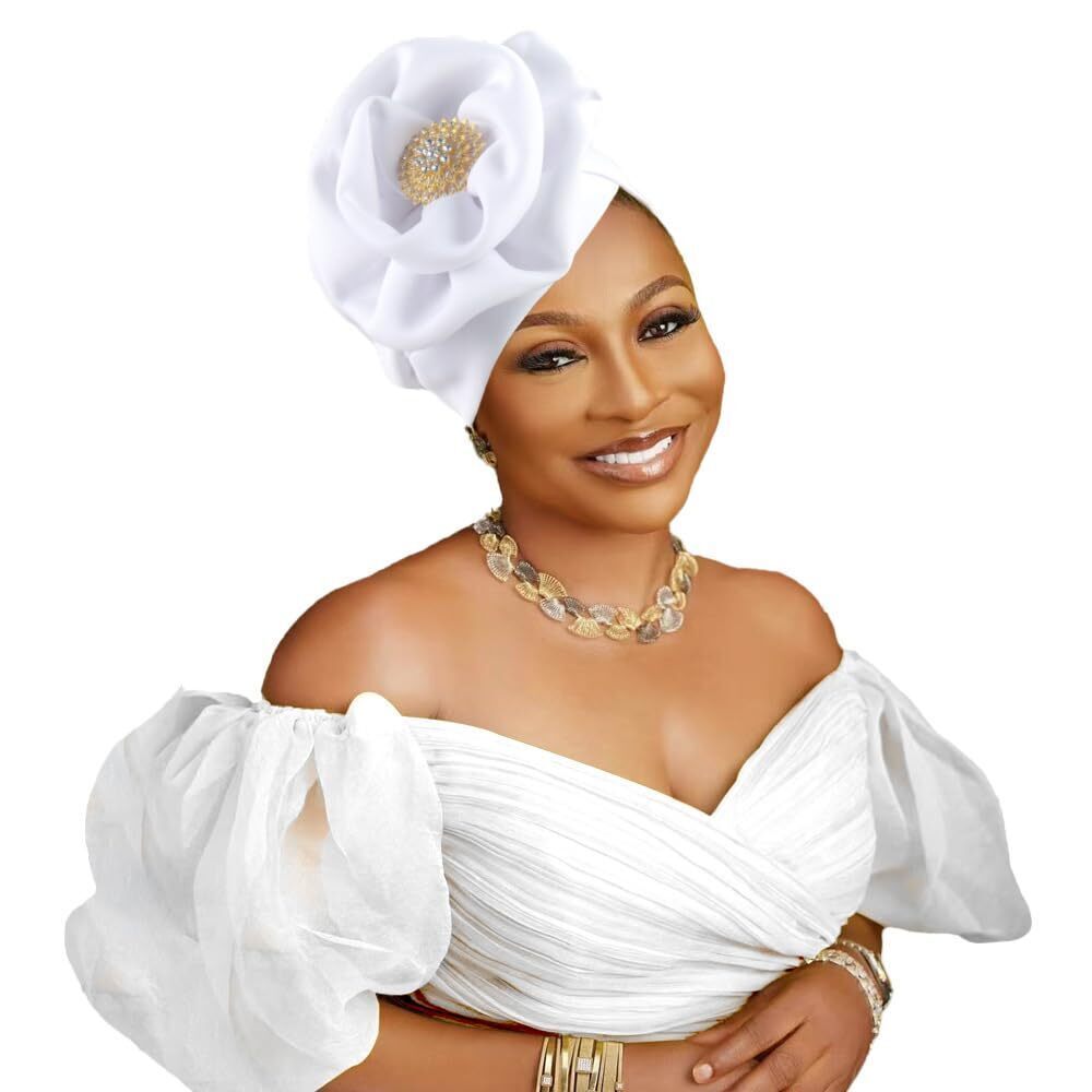 8438 Elegant Floral Turban Head Wrap, Crystal Brooch Detail, Multi-Color
